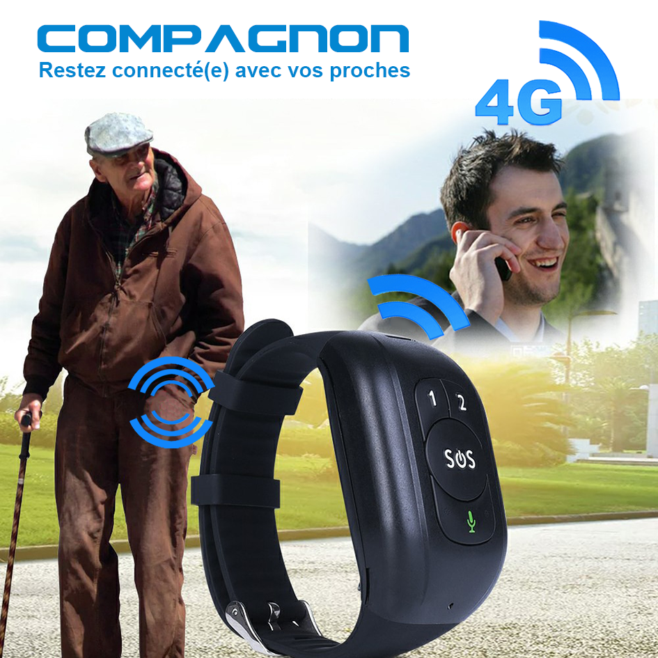 COMPAGNON, Bracelet de suivi GPS 4G étanche avec alerte détection de chute, bouton SOS appel d'urgence.
