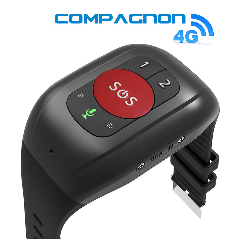 COMPAGNON, Bracelet de suivi GPS 4G étanche avec alerte détection de chute, bouton SOS appel d'urgence.