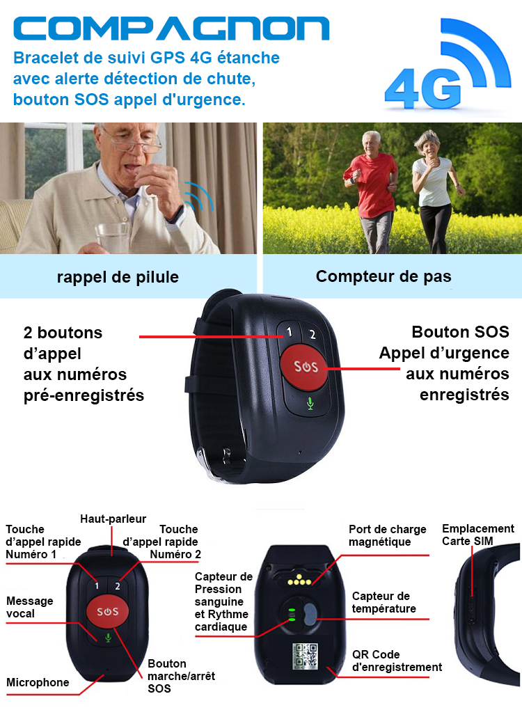 COMPAGNON, Bracelet de suivi GPS 4G étanche avec alerte détection de chute, bouton SOS appel d'urgence.