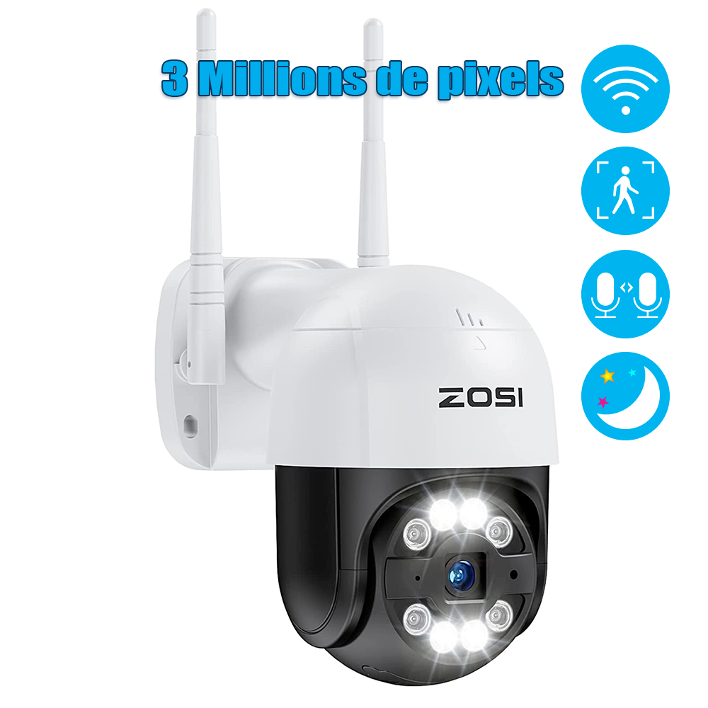 Caméra de surveillance sans fil intelligente HD ZOSI 3MP avec détection humaine AI et vision nocturne en couleur