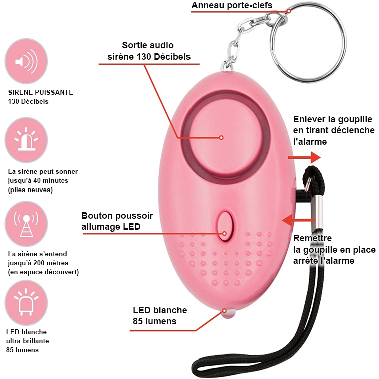 AMIE, Alarme portable Anti Agression 130dB avec led blanche.