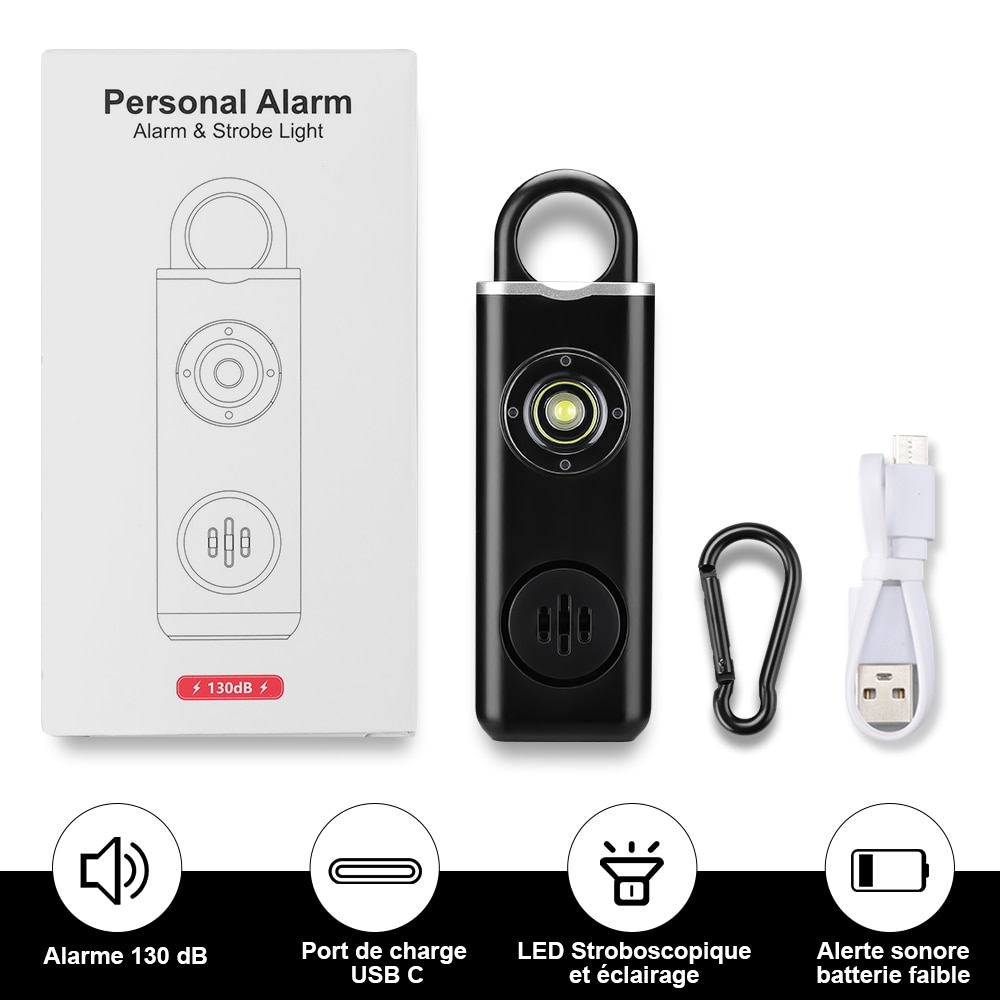 MARCUS, Alarme portable rechargeable, 130dB avec led blanche stroboscopique,