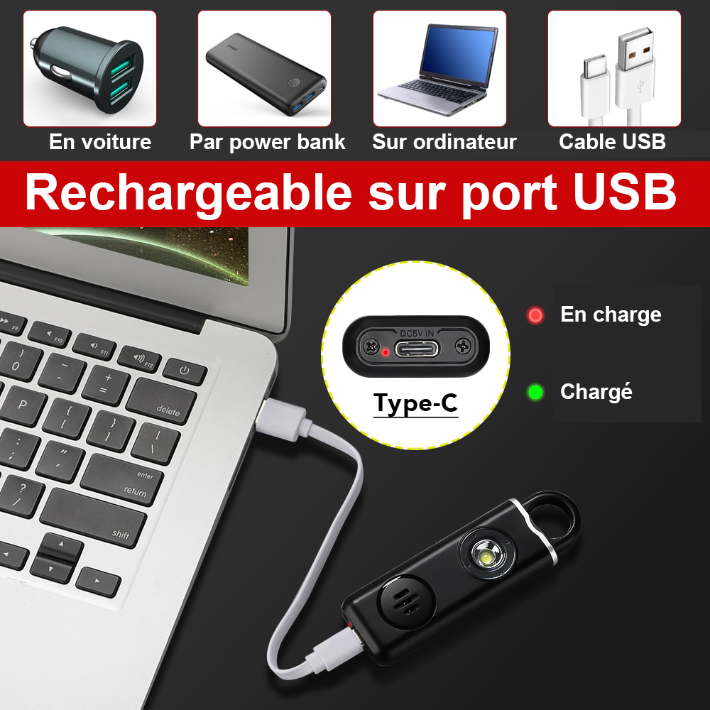 MARCUS, Alarme portable rechargeable, 130dB avec led blanche stroboscopique,