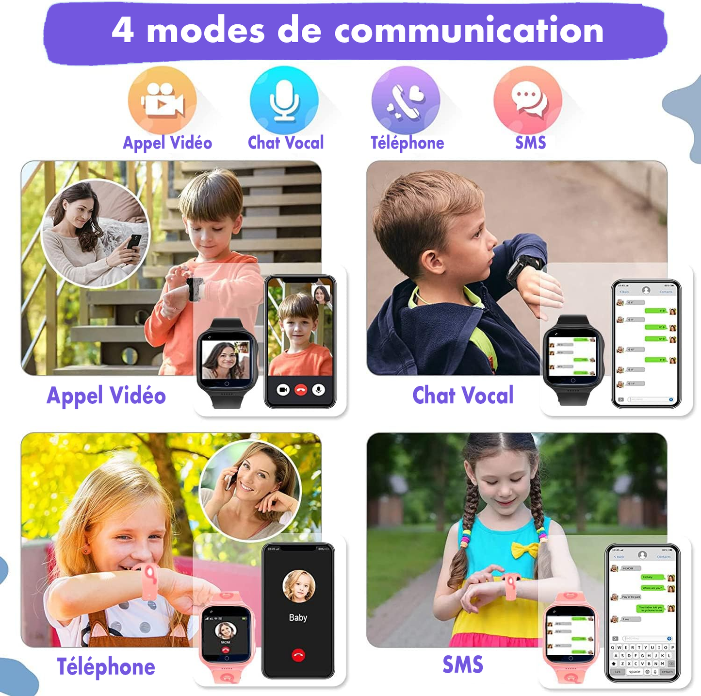 SMART KIDS, Montre intelligente pour enfants, SOS, appel vidéo, téléphone, balise GPS