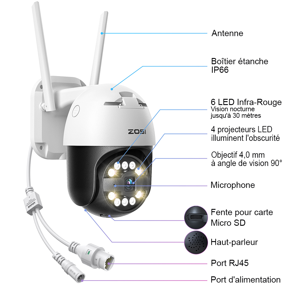 Caméra de Surveillance Sans Fil Haute Définition ZOSI C296 5MP PTZ - Détection humaine et suivi