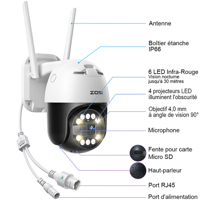 Caméra de Surveillance Sans Fil Haute Définition ZOSI C296 5MP PTZ - Détection humaine et suivi