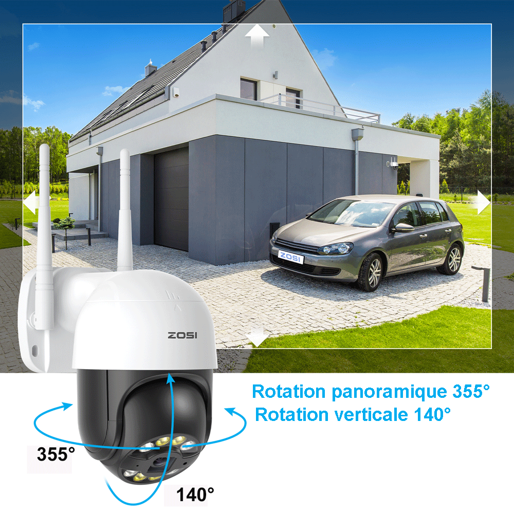 Caméra de surveillance sans fil intelligente HD ZOSI 3MP avec détection humaine AI et vision nocturne en couleur